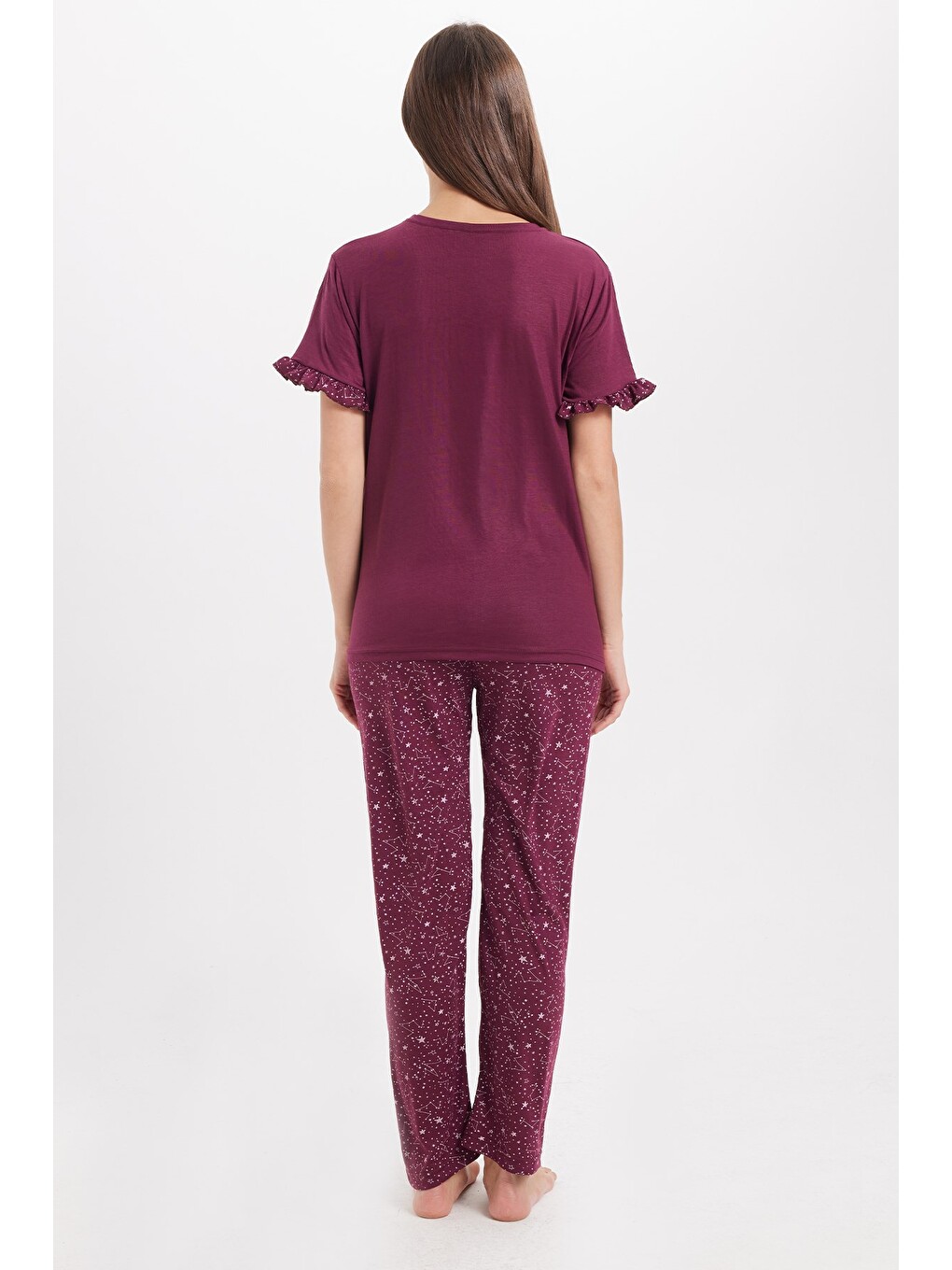 Kadın Regular Fit Klasik Kesim %100 Pamuk Fırfır Detaylı Kısa Kollu Baskılı Mürdüm Pijama Takımı-5