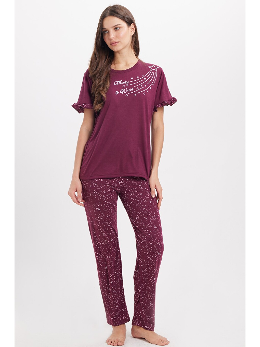 Kadın Regular Fit Klasik Kesim %100 Pamuk Fırfır Detaylı Kısa Kollu Baskılı Mürdüm Pijama Takımı-6