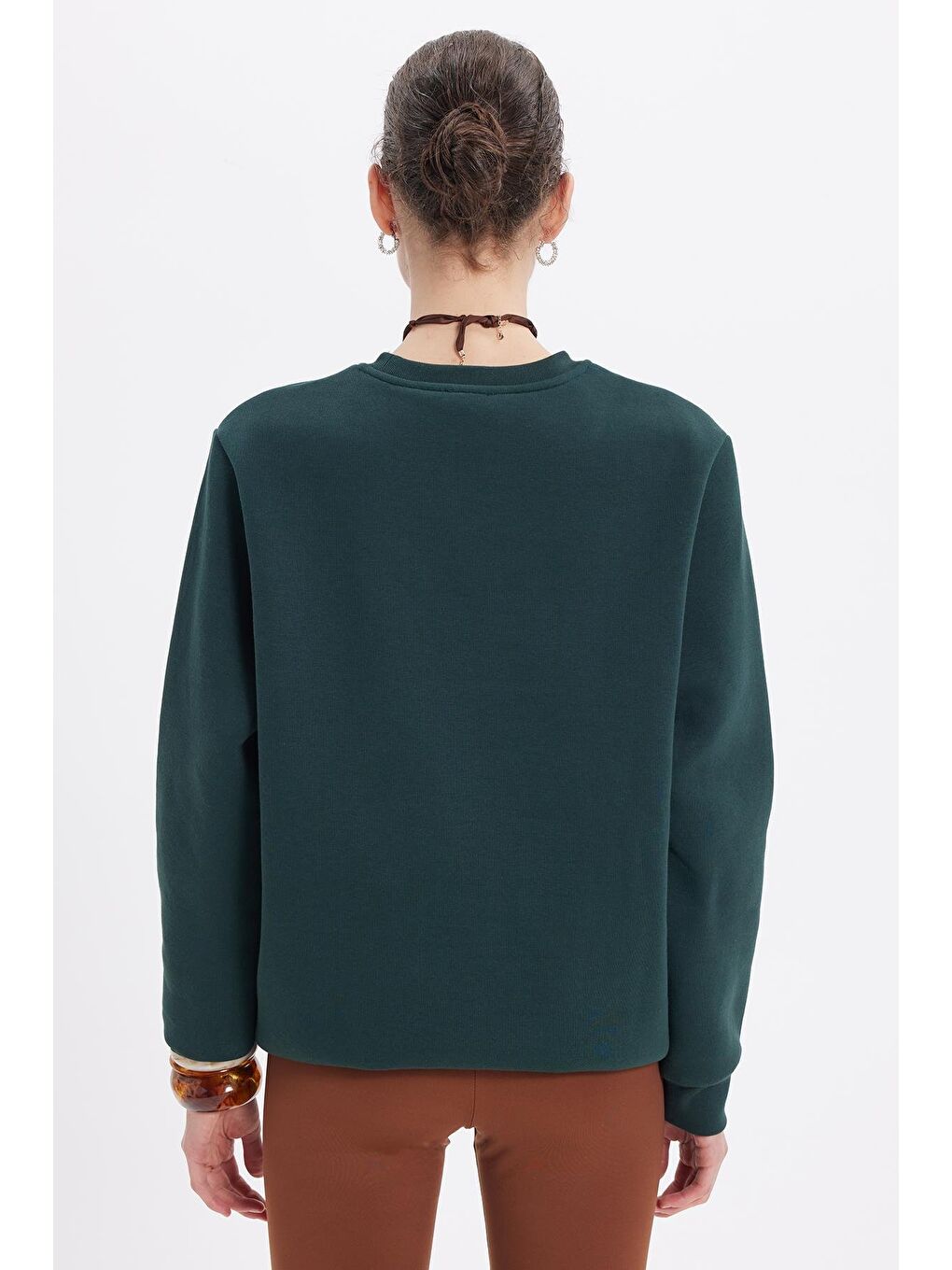 Kadın Oversize Geniş Kesim Pamuklu 3 İplik İçi Polarlı Basic Yeşil Bisiklet Yaka Sweatshirt-6