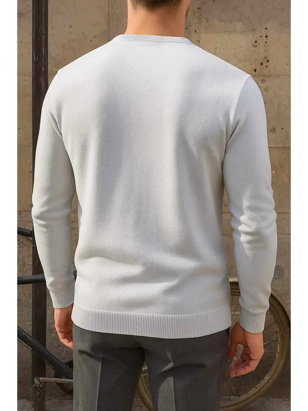 Erkek Bisiklet Yaka Slim Fit Beyaz Kazak-4