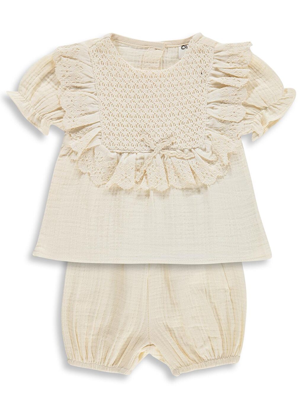 Ekru Baby Kol Büzgülü Roba Dantelli 6-18 Ay Takım - Bej