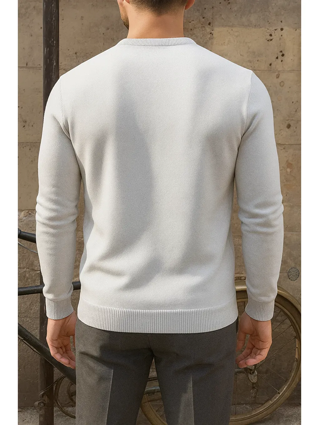 Erkek Bisiklet Yaka Slim Fit Beyaz Kazak-5