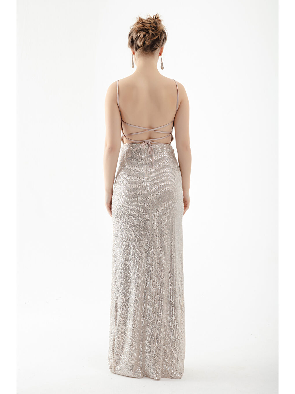 Kadın Bej Sırt Dekolteli Payetli Uzun Abiye Elbise-4