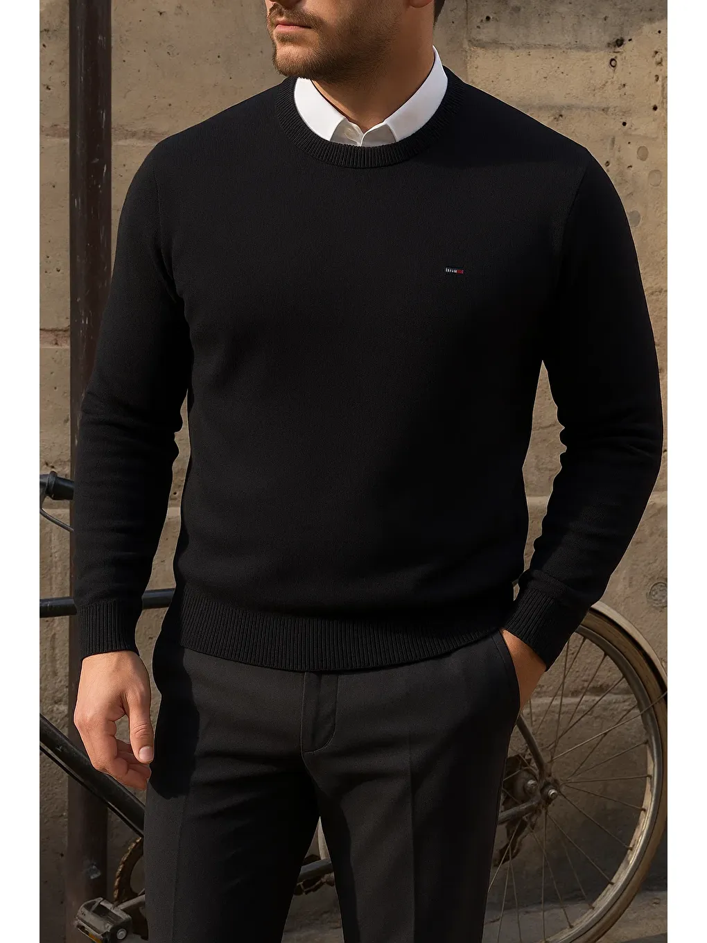 Erkek Bisiklet Yaka Slim Fit Siyah Kazak-1