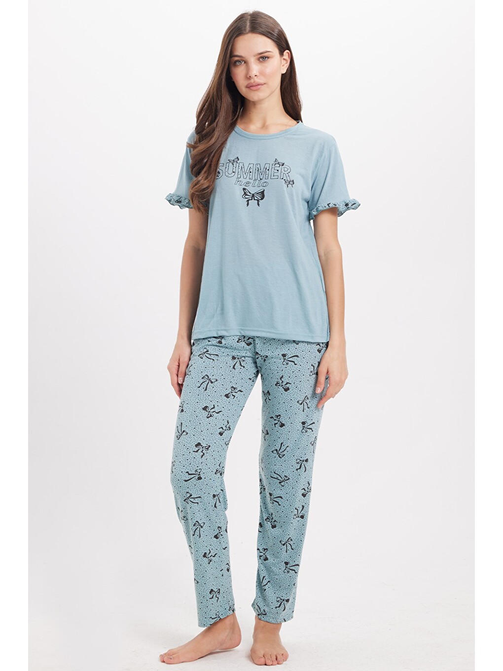 Kadın Regular Fit Klasik Kesim %100 Pamuk Fırfır Detaylı Kısa Kollu Baskılı Su Yeşili Pijama Takımı