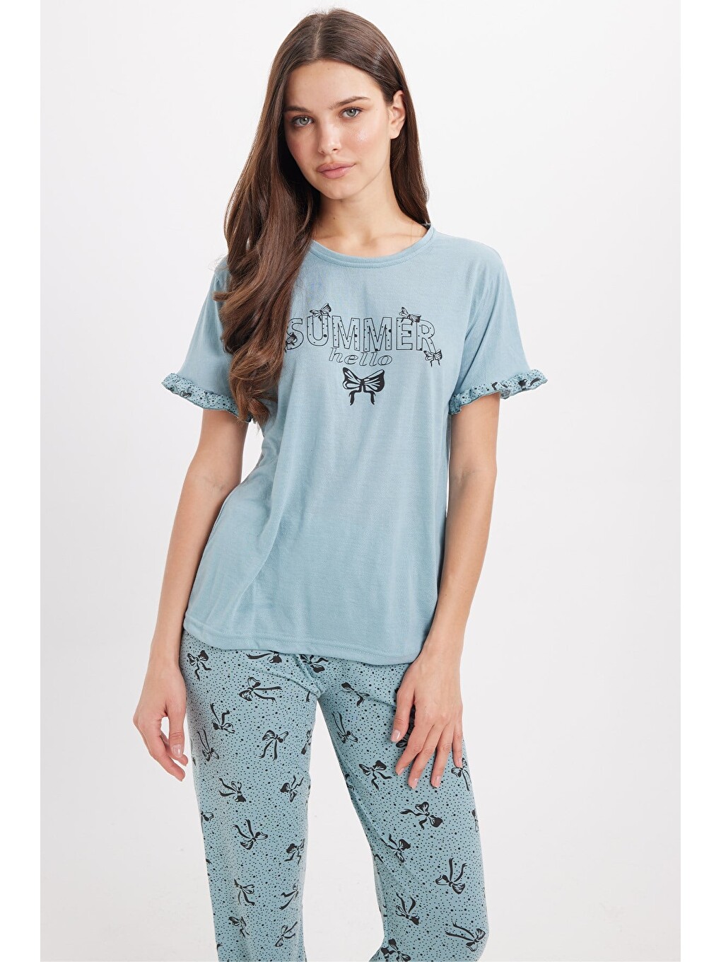 Kadın Regular Fit Klasik Kesim %100 Pamuk Fırfır Detaylı Kısa Kollu Baskılı Su Yeşili Pijama Takımı-1