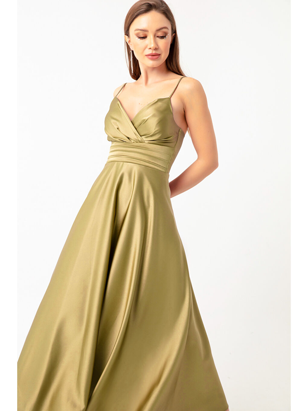 Kadın Yağ Yeşili İp Askılı Bel Kemerli Saten Midi Abiye & Mezuniyet Elbisesi