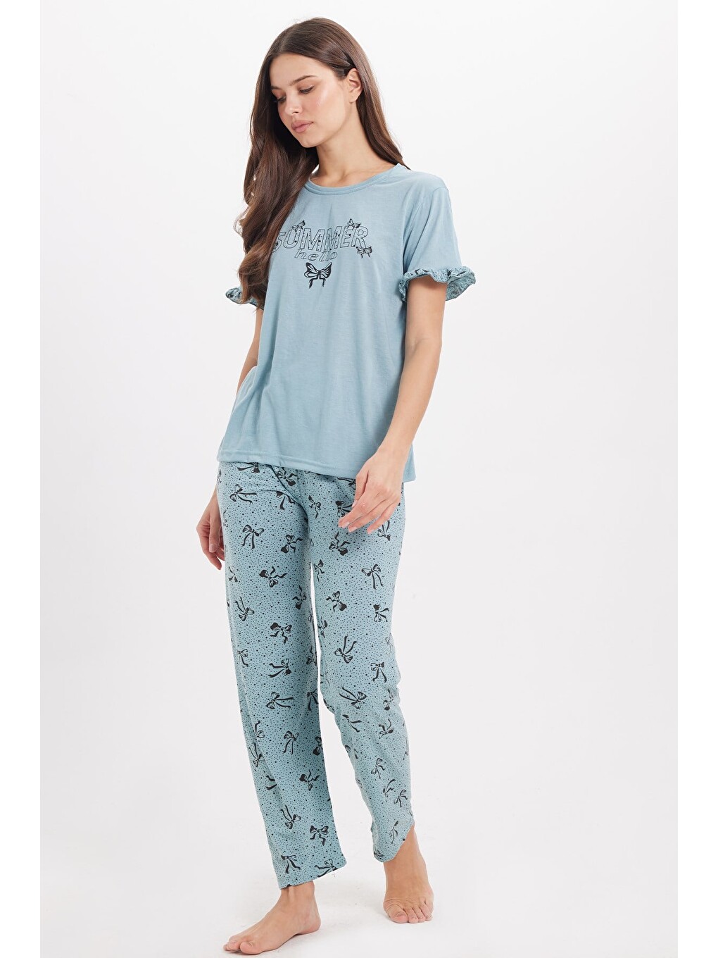 Kadın Regular Fit Klasik Kesim %100 Pamuk Fırfır Detaylı Kısa Kollu Baskılı Su Yeşili Pijama Takımı-2