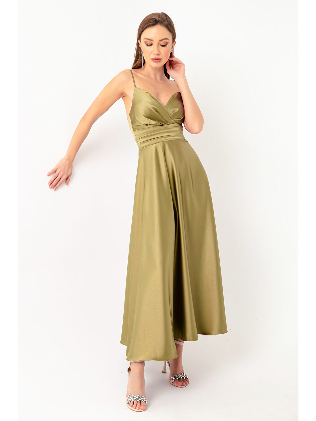Kadın Yağ Yeşili İp Askılı Bel Kemerli Saten Midi Abiye & Mezuniyet Elbisesi-1