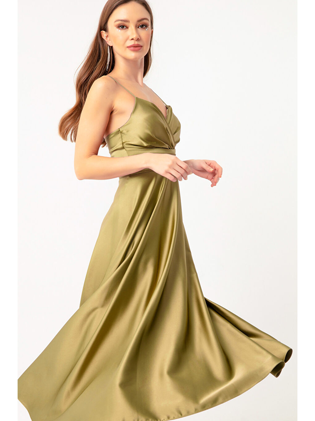 Kadın Yağ Yeşili İp Askılı Bel Kemerli Saten Midi Abiye & Mezuniyet Elbisesi-2