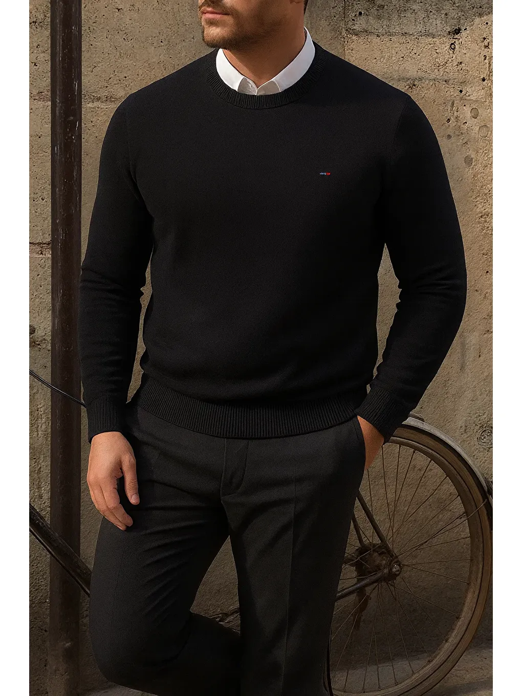 Erkek Bisiklet Yaka Slim Fit Siyah Kazak-2