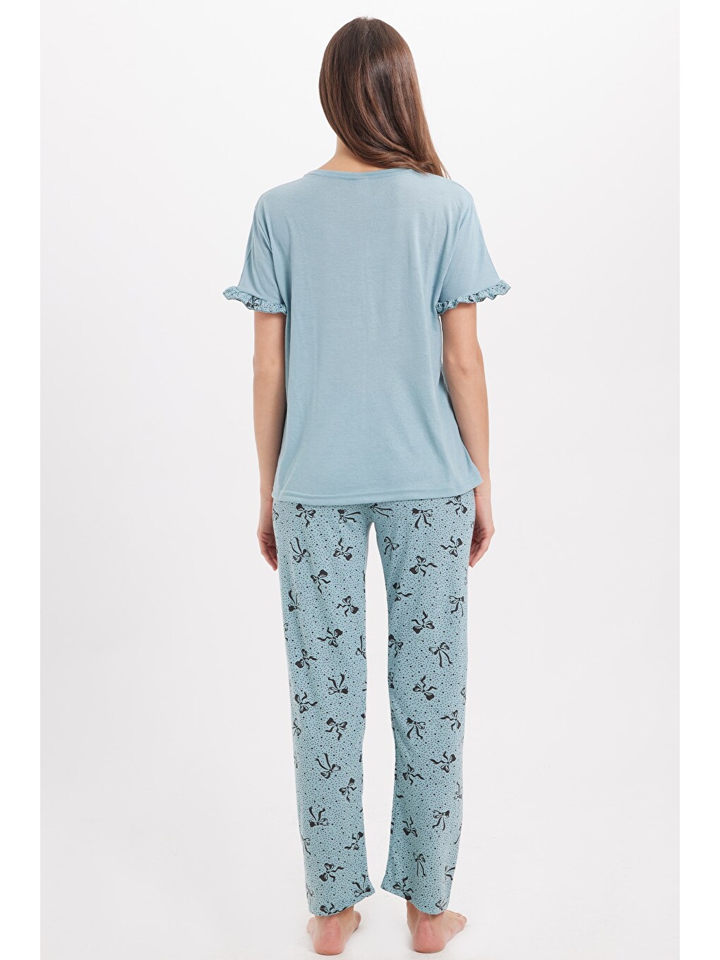 Kadın Regular Fit Klasik Kesim %100 Pamuk Fırfır Detaylı Kısa Kollu Baskılı Su Yeşili Pijama Takımı-5