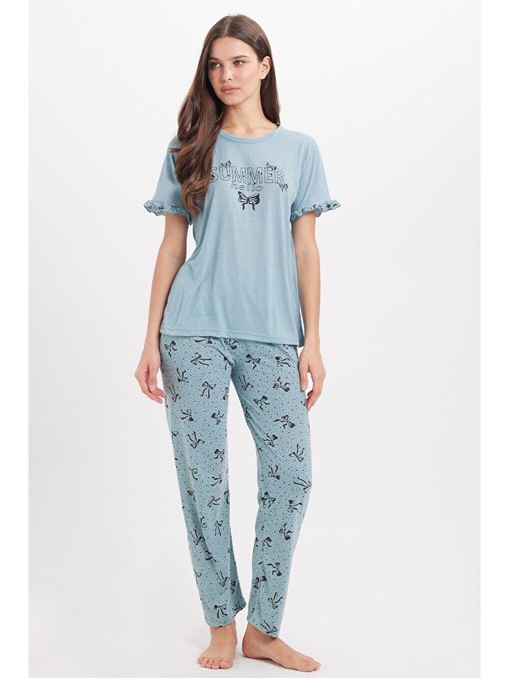 Kadın Regular Fit Klasik Kesim %100 Pamuk Fırfır Detaylı Kısa Kollu Baskılı Su Yeşili Pijama Takımı-6