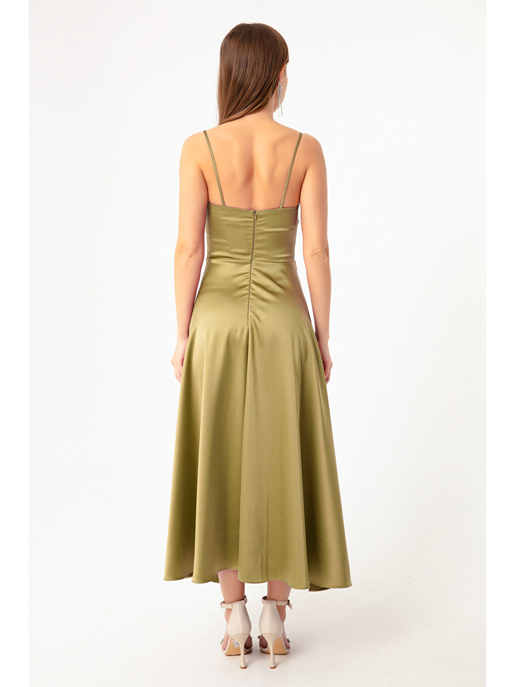 Kadın Yağ Yeşili İp Askılı Bel Kemerli Saten Midi Abiye & Mezuniyet Elbisesi-4