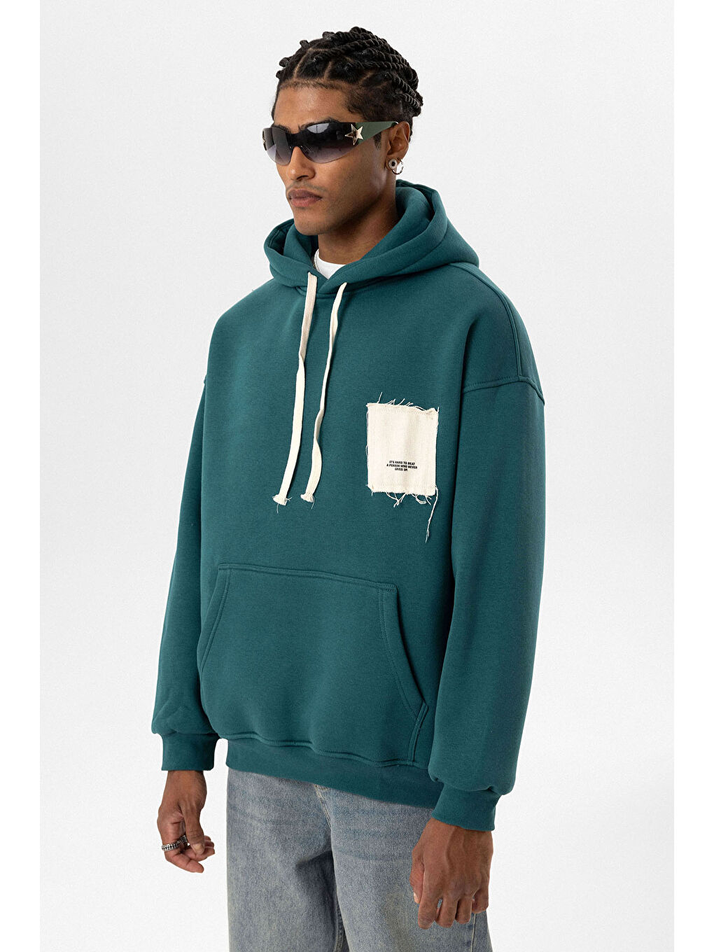 VAMOSCLO Petrol Etiket Detaylı Oversize Kapüşonlu Erkek Sweatshirt - 3