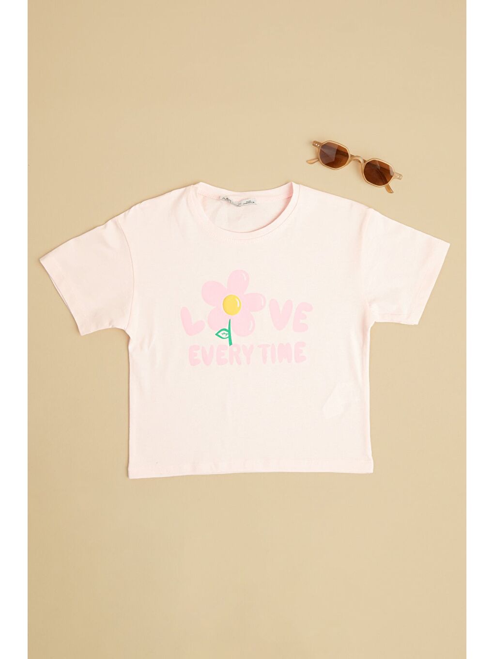 Pembe Love Every Tıme Baskılı Kız Çocuk Crop Tişört