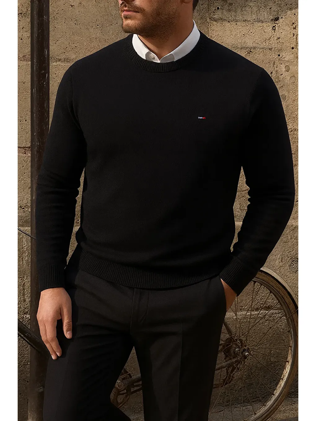 Erkek Bisiklet Yaka Slim Fit Siyah Kazak-3