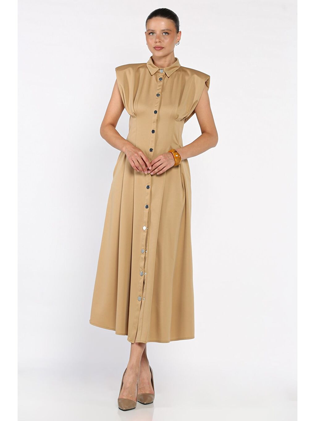 Bej Pileli Ön Çıtçıtlı Sıfır Kol Kadın Elbise-1