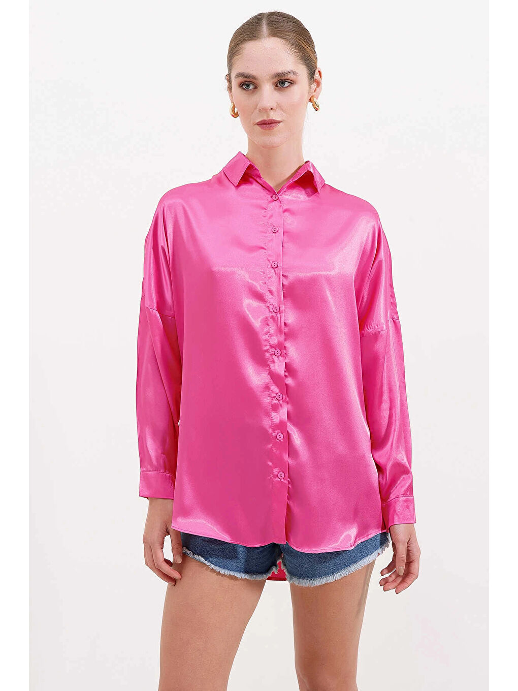Kadın Fuşya Oversize Dökümlü Saten Yüzeyli Gömlek HZL23S-BD139851-1