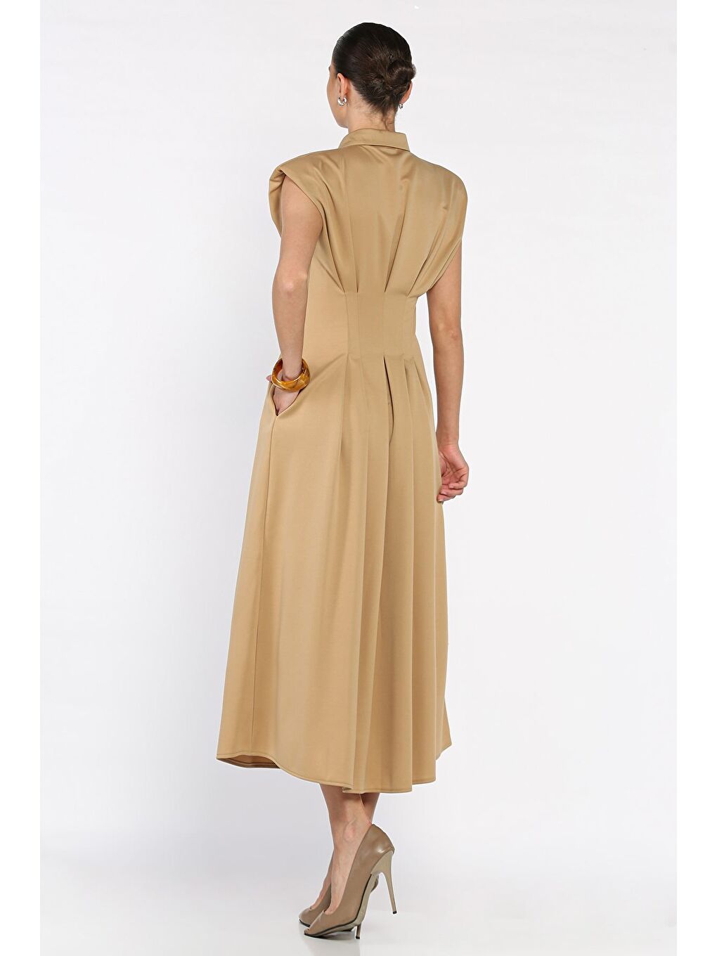 Bej Pileli Ön Çıtçıtlı Sıfır Kol Kadın Elbise-2