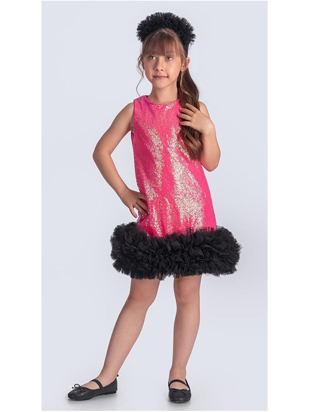 Fuşya Pul Payet İfestos Taçlı Tütü Çocuk Özel Abiye M00743-2