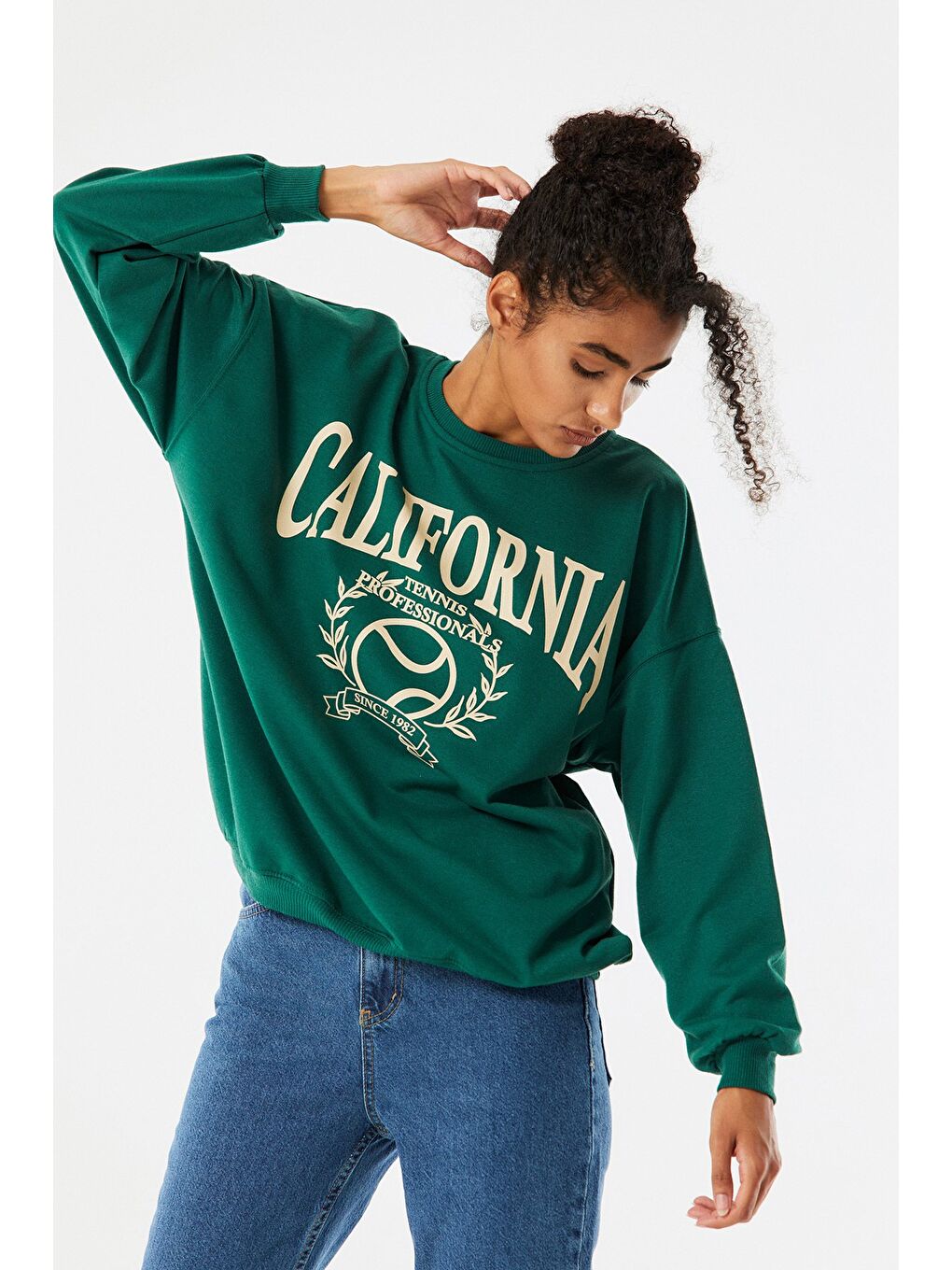 Yeşil California Baskılı Bisiklet Yaka Sweatshirt