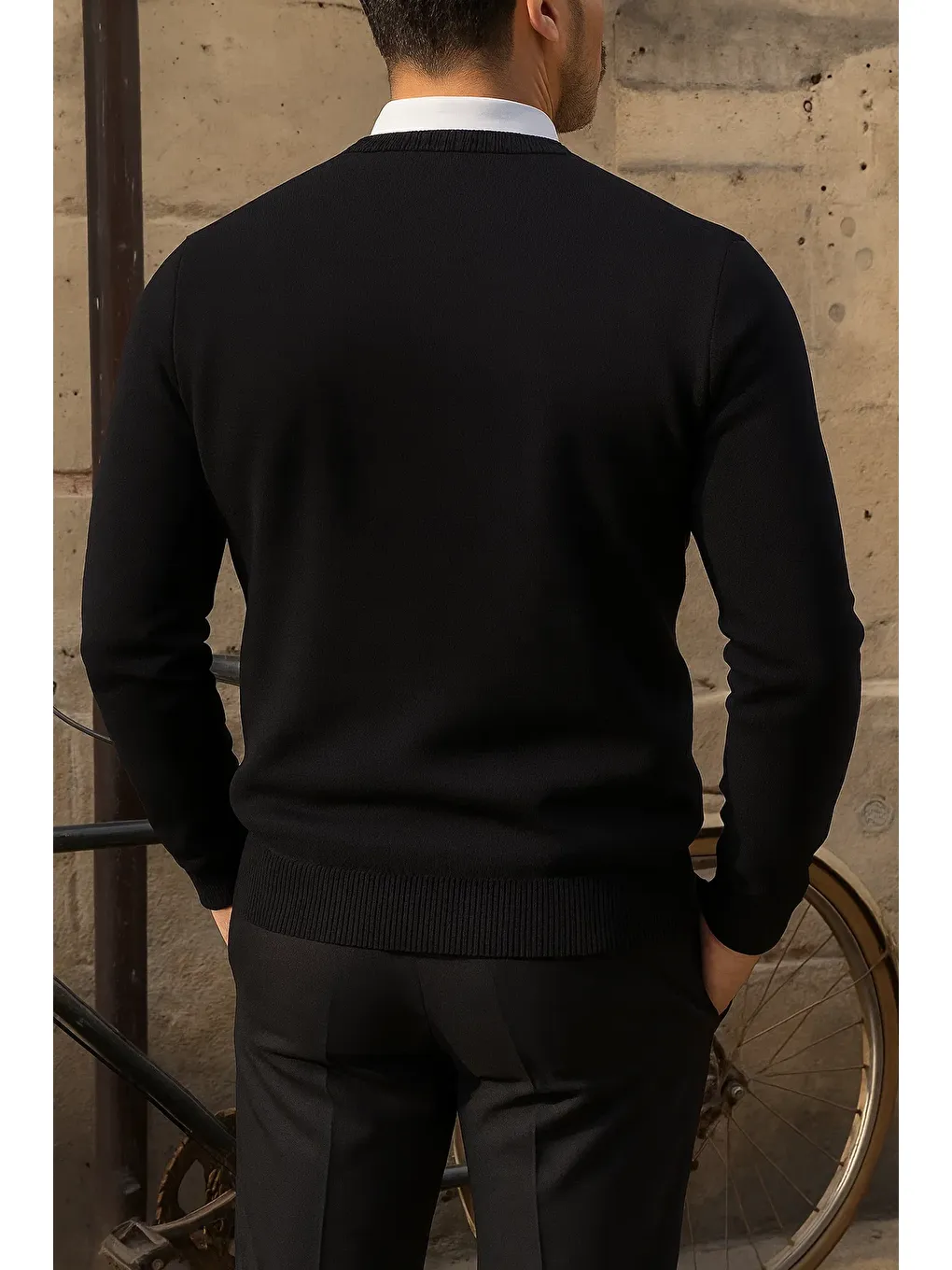 Erkek Bisiklet Yaka Slim Fit Siyah Kazak-4