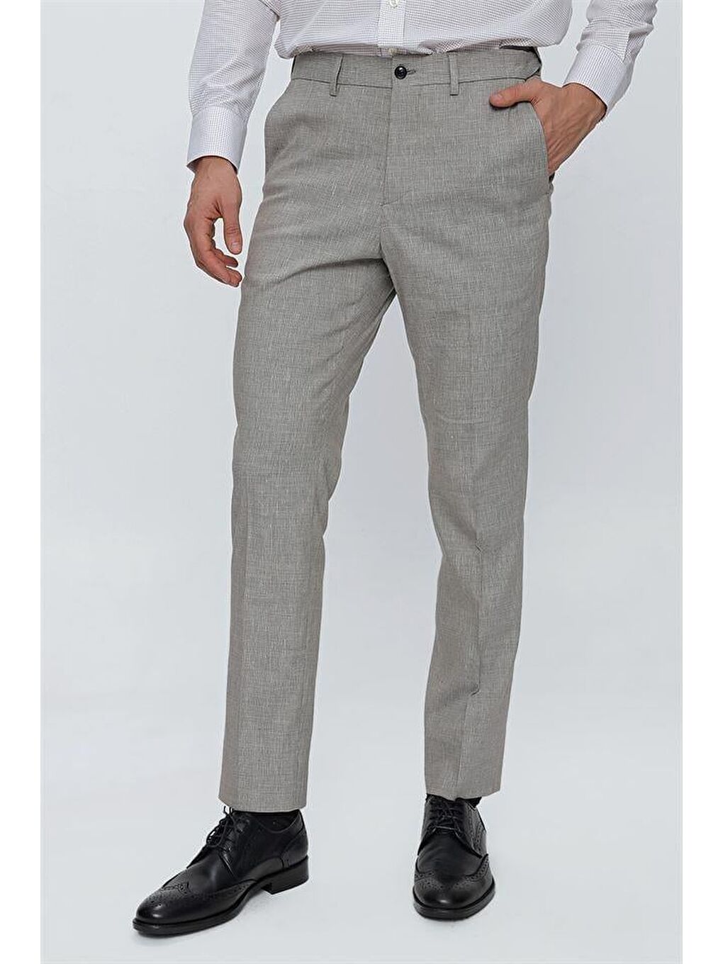 Gri Keten Lastikli Yandan Cepli Classic Comfort Fit Ayarlanabilir Kemer Erkek Pantolon 1003230150-1