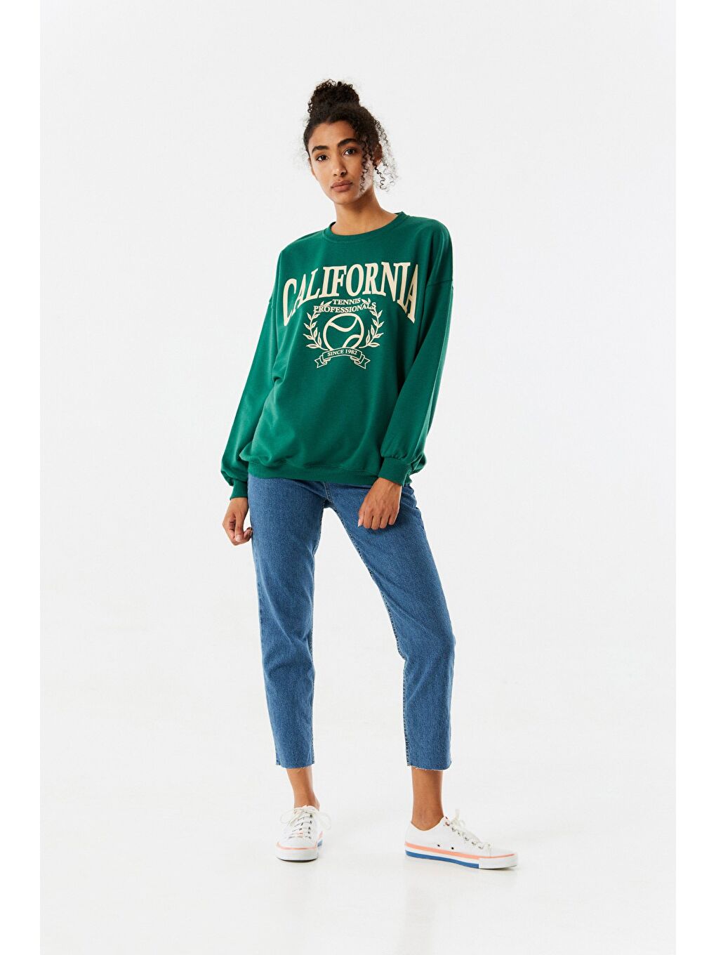 Yeşil California Baskılı Bisiklet Yaka Sweatshirt-1