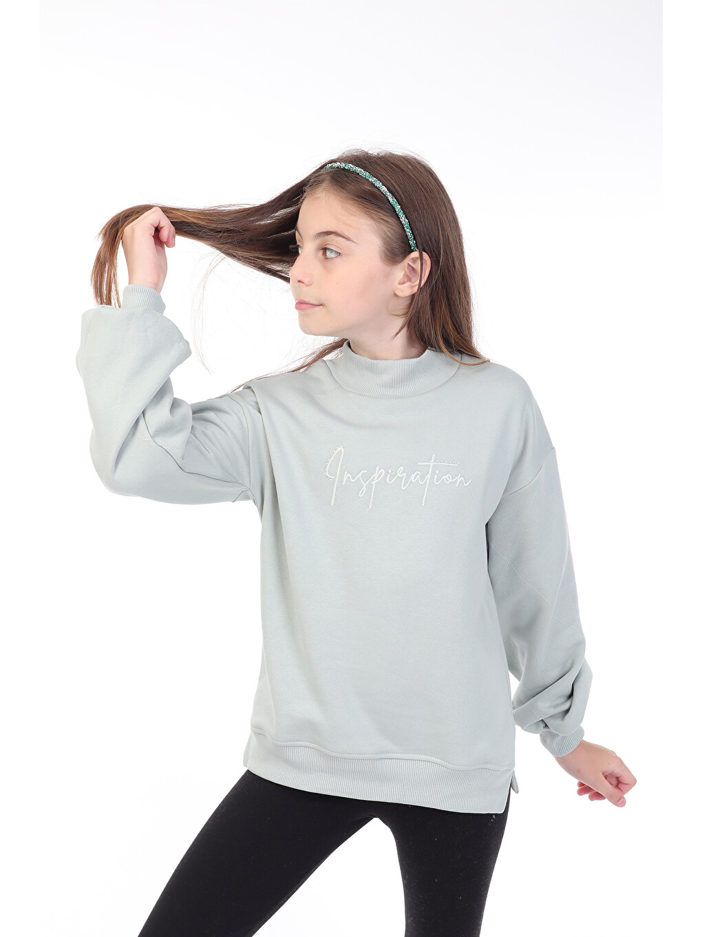 Yeşil Kız Çocuk Nakışlı Sweatshirt