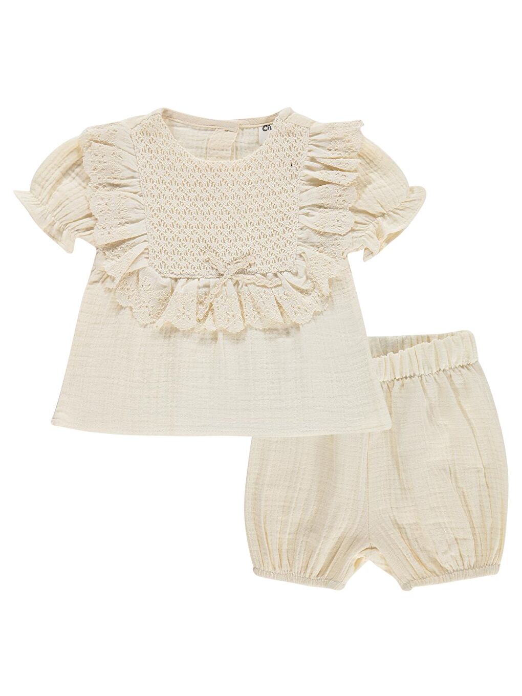 Ekru Baby Kol Büzgülü Roba Dantelli 6-18 Ay Takım - Bej-3