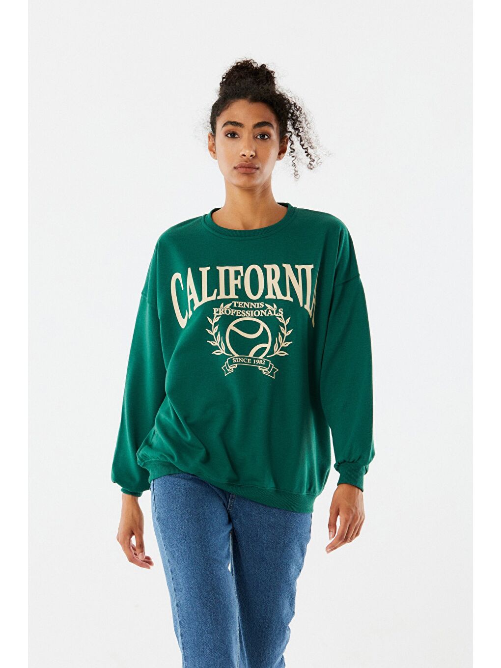 Yeşil California Baskılı Bisiklet Yaka Sweatshirt-3