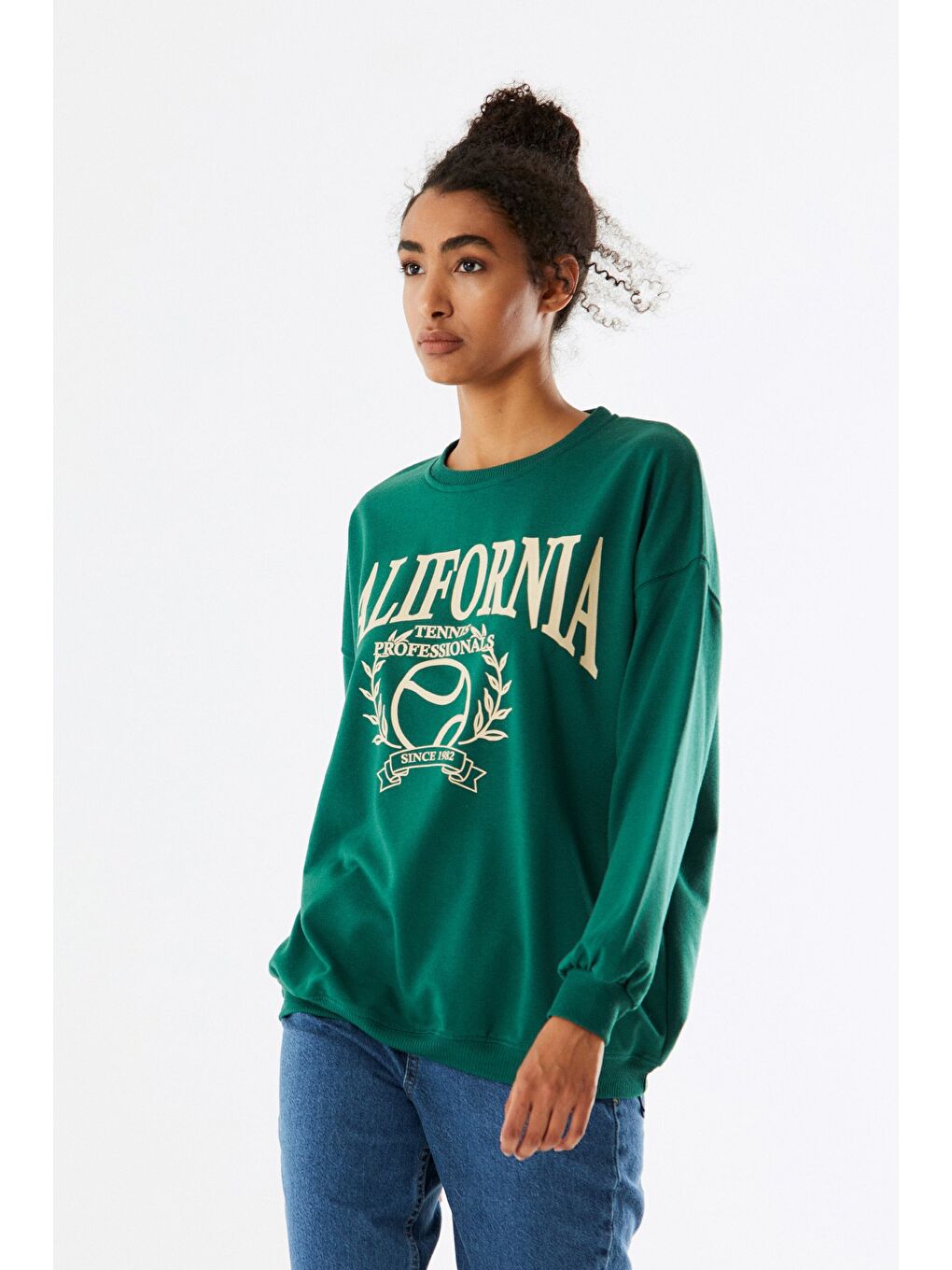 Yeşil California Baskılı Bisiklet Yaka Sweatshirt-4