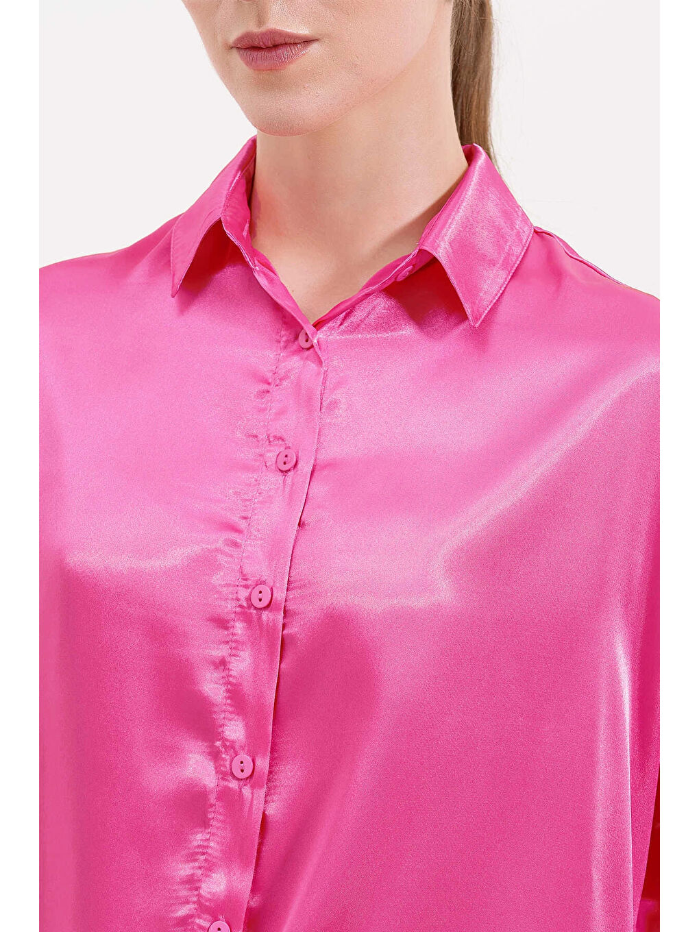 Kadın Fuşya Oversize Dökümlü Saten Yüzeyli Gömlek HZL23S-BD139851-2