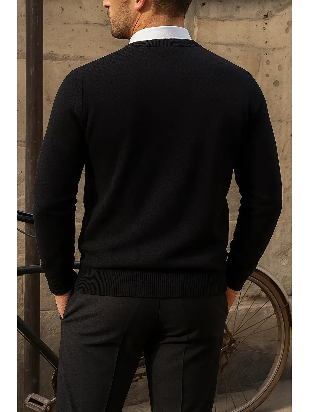 Erkek Bisiklet Yaka Slim Fit Siyah Kazak-5