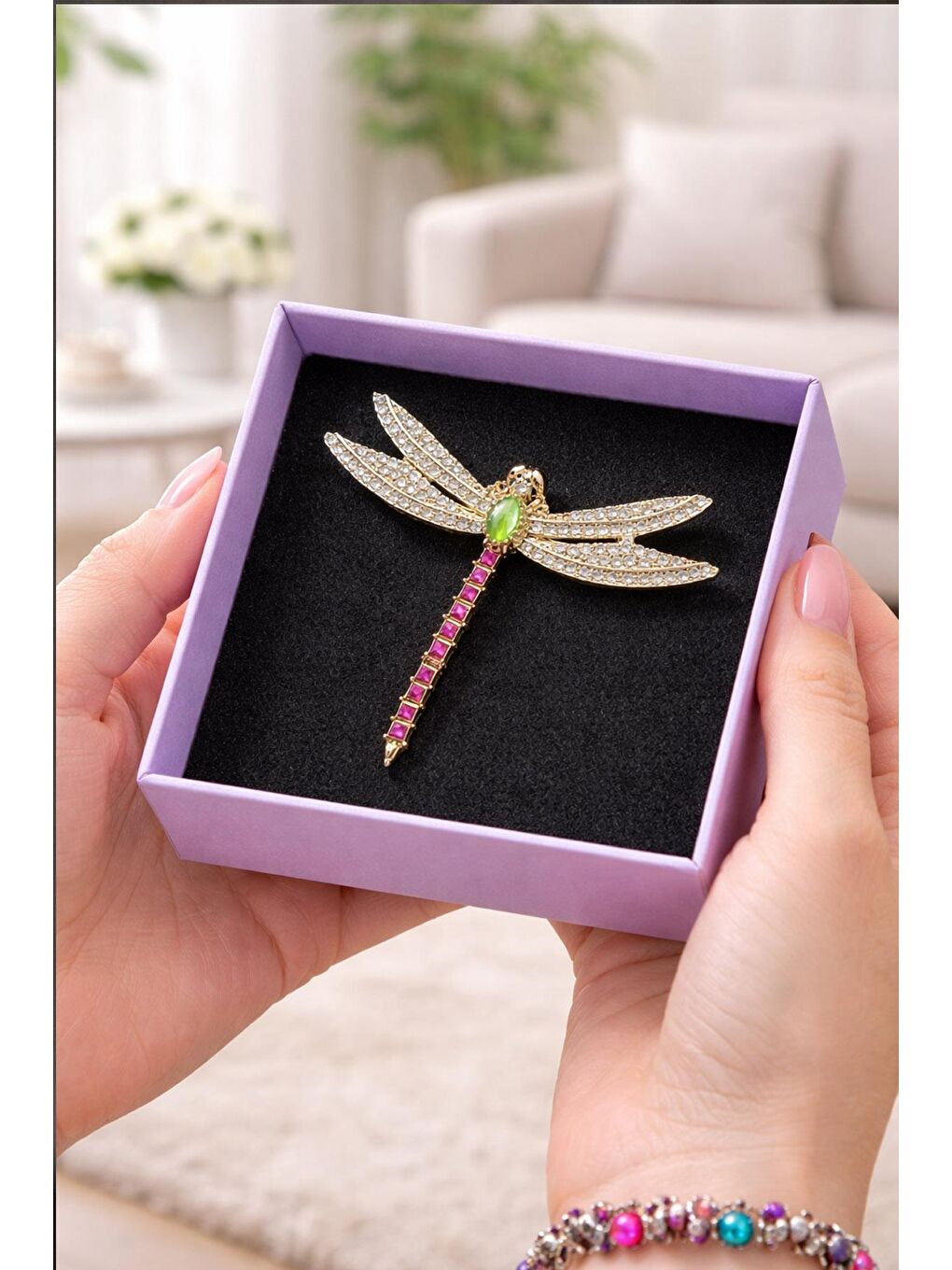 Sarı Gold Taşlı Renkli Yusufçuk Broş Yaka İğnesi-1