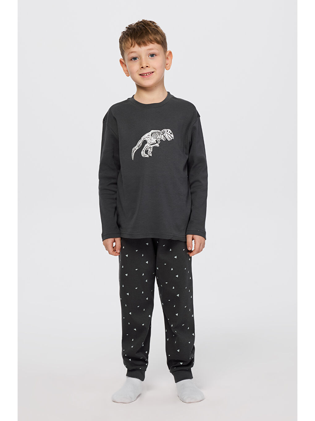 Erkek Çocuk Dinozor Baskılı Antrasit Pijama Takımı