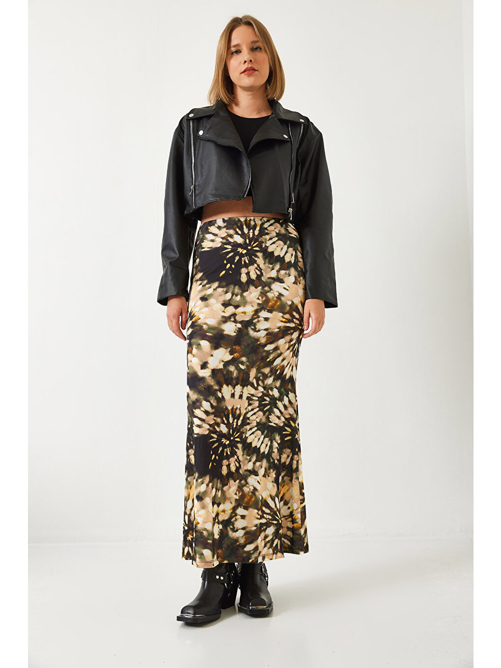 Yeşil Kadın Desenli Uzun Beli Lastikli Etek-4