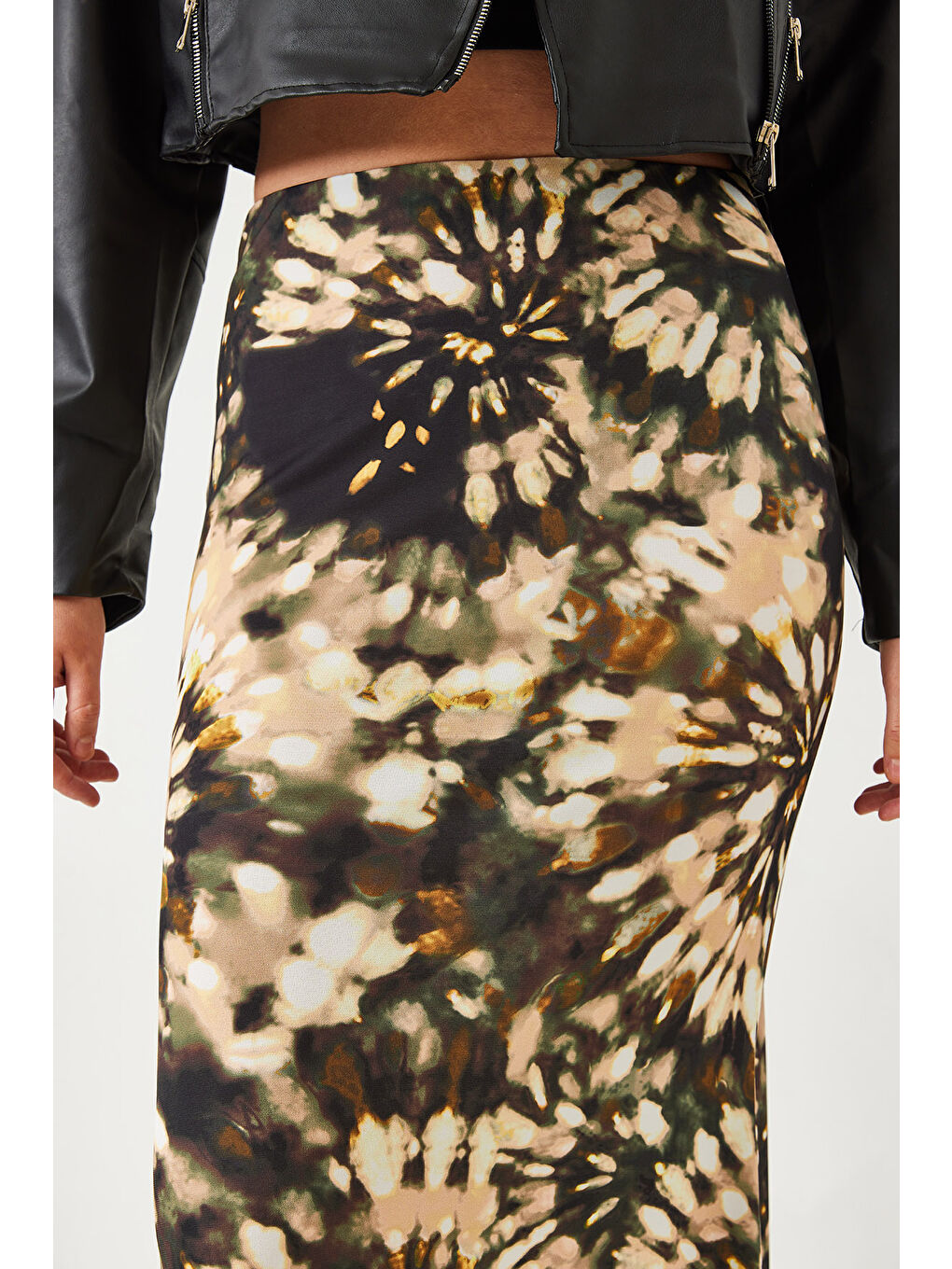 Yeşil Kadın Desenli Uzun Beli Lastikli Etek-5