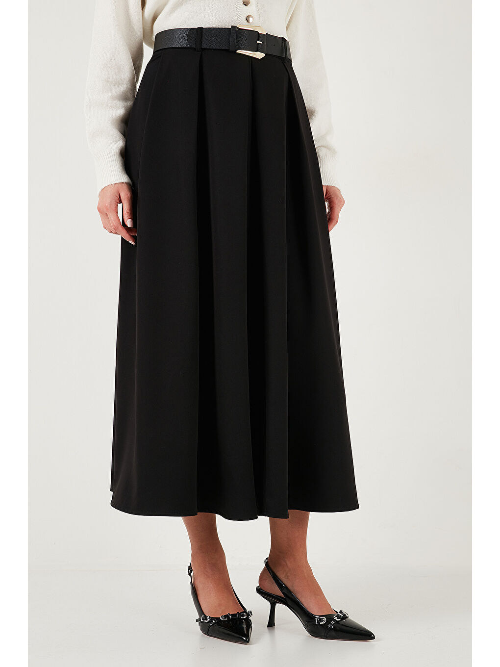 Siyah Modest Kemerli Comfort Fit Yüksek Bel Pileli Kloş Uzun Tesettür Etek 6833360