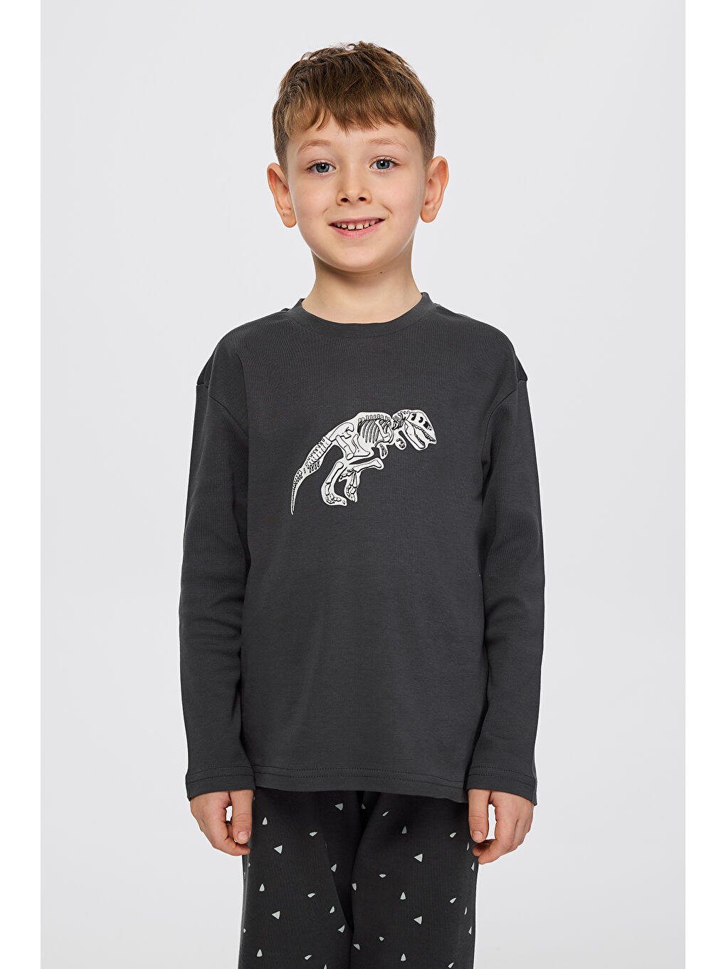 Erkek Çocuk Dinozor Baskılı Antrasit Pijama Takımı-1