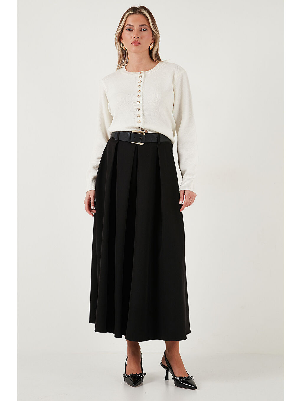 Siyah Modest Kemerli Comfort Fit Yüksek Bel Pileli Kloş Uzun Tesettür Etek 6833360-1