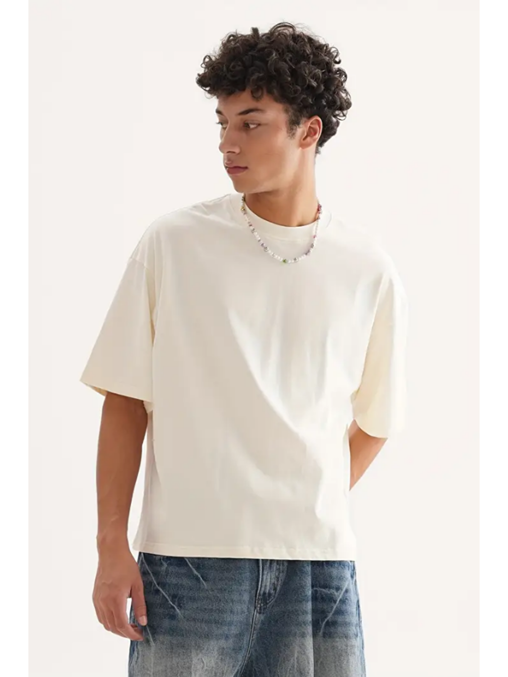 Tarz Cool Bej Erkek Oversize Bisiklet Yaka %100 Pamuk Tişört - 3