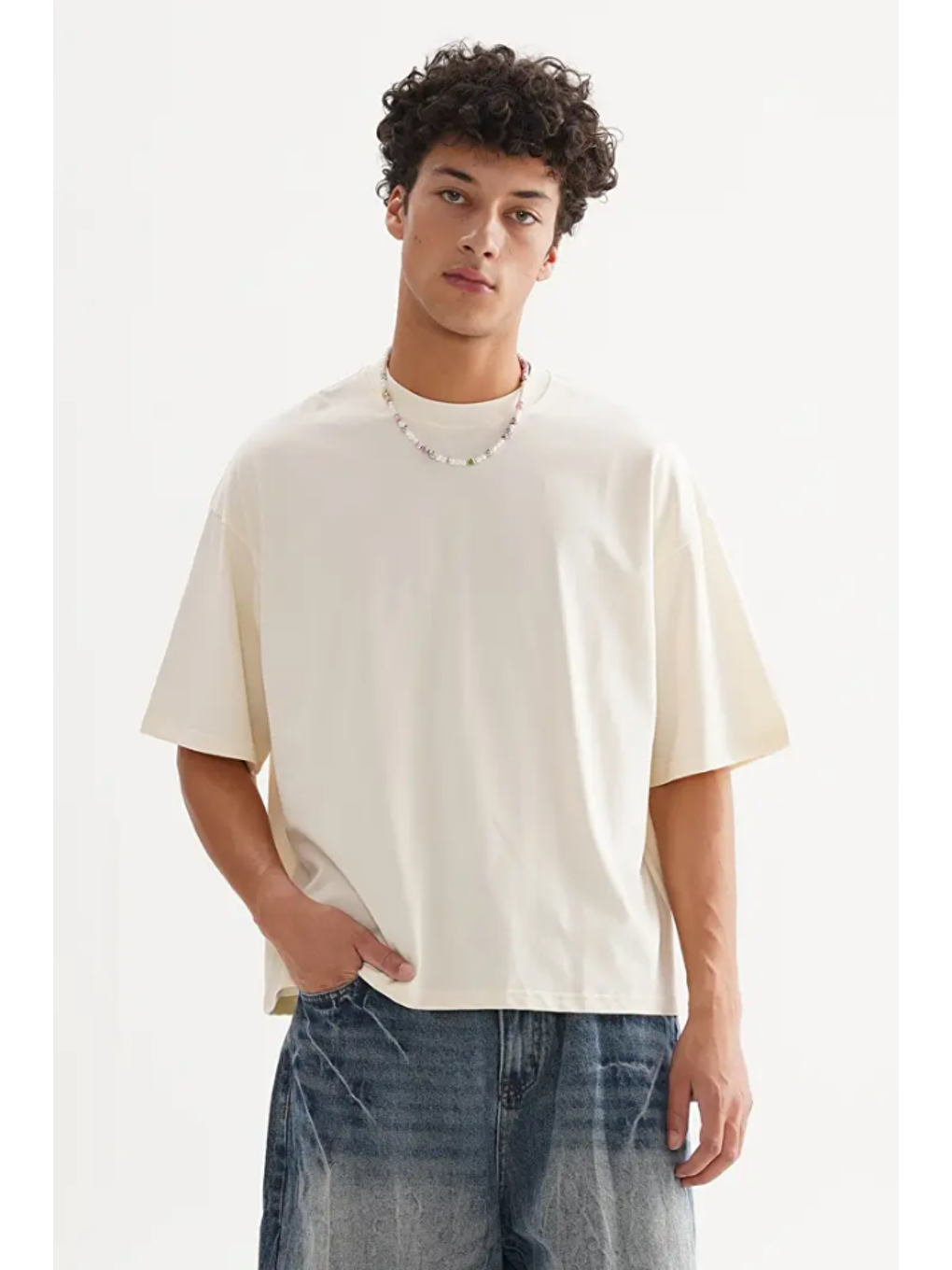 Tarz Cool Bej Erkek Oversize Bisiklet Yaka %100 Pamuk Tişört - 4