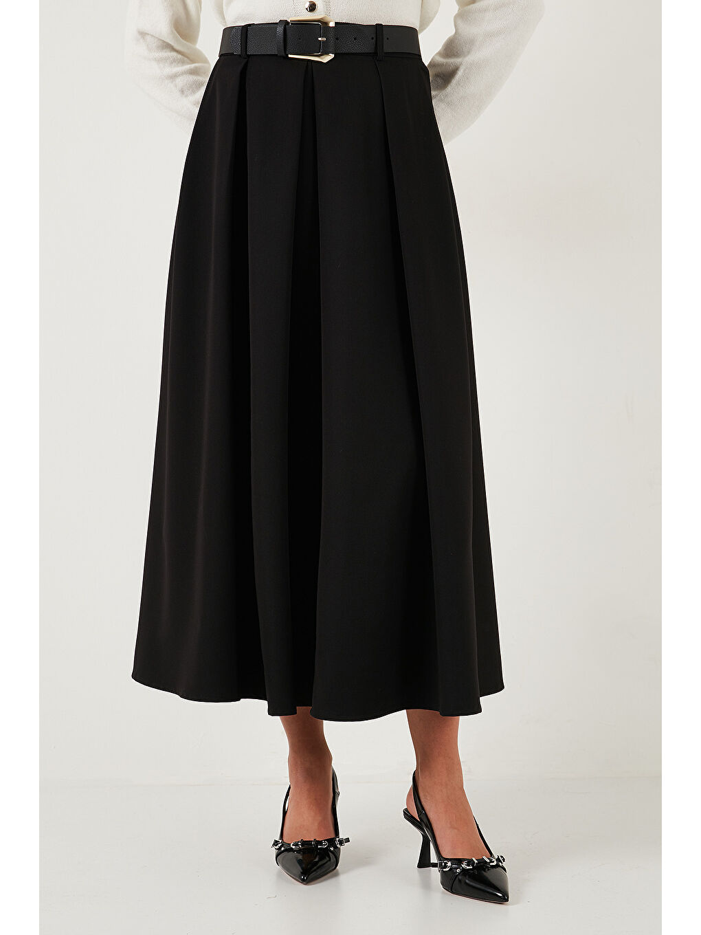 Siyah Modest Kemerli Comfort Fit Yüksek Bel Pileli Kloş Uzun Tesettür Etek 6833360-2