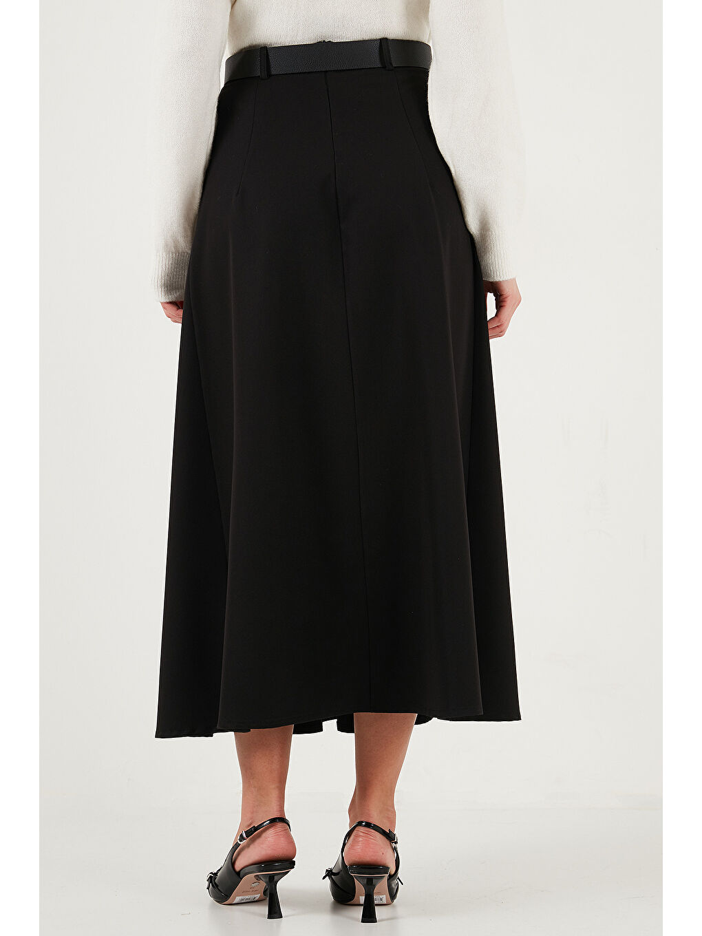 Siyah Modest Kemerli Comfort Fit Yüksek Bel Pileli Kloş Uzun Tesettür Etek 6833360-5