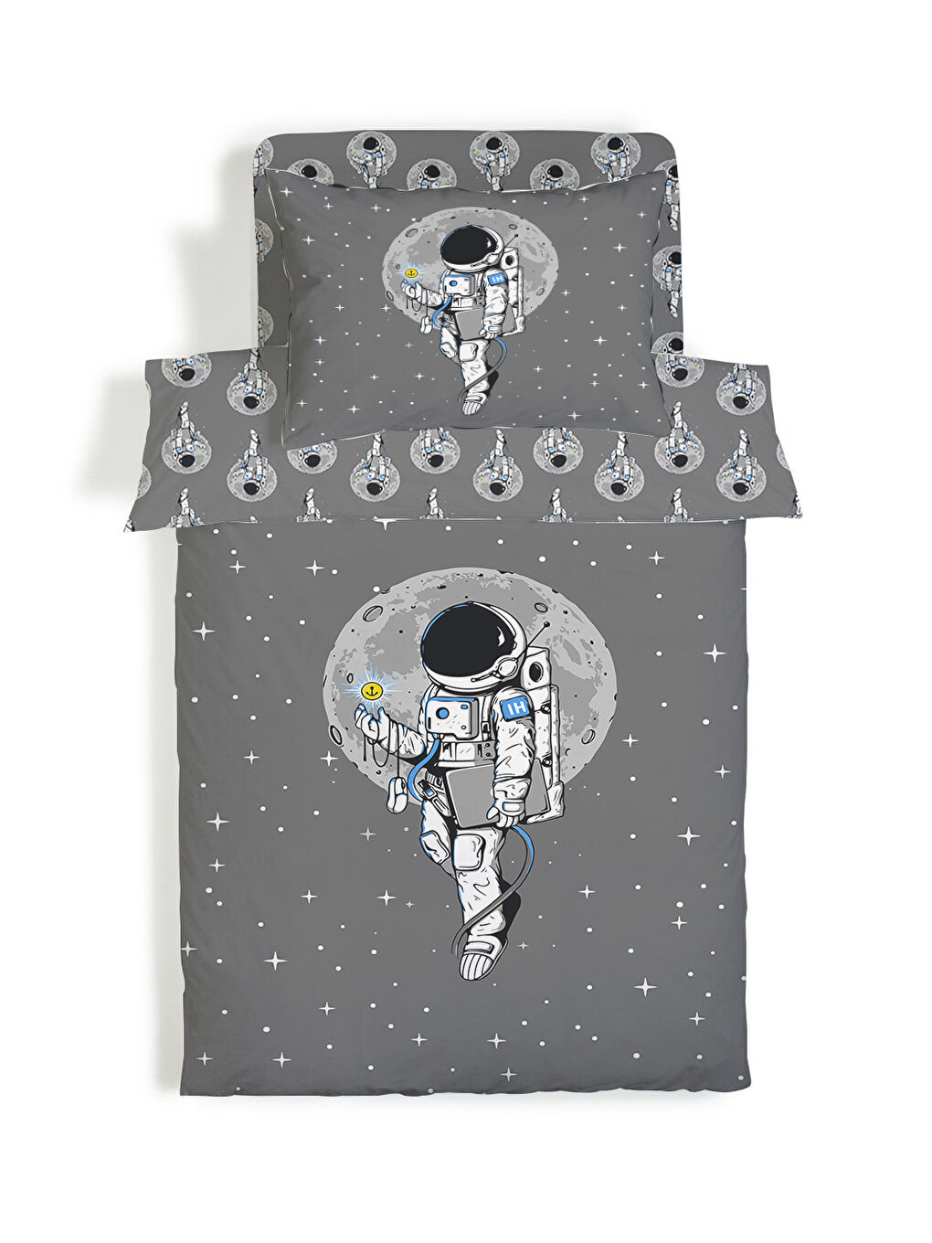 EVMİLA Karışık Astronot Desenli Çarşafsız 2 li Takım Baskılı Tek Kişilik Nevresim Takımı 160x220 cm Gri - 1