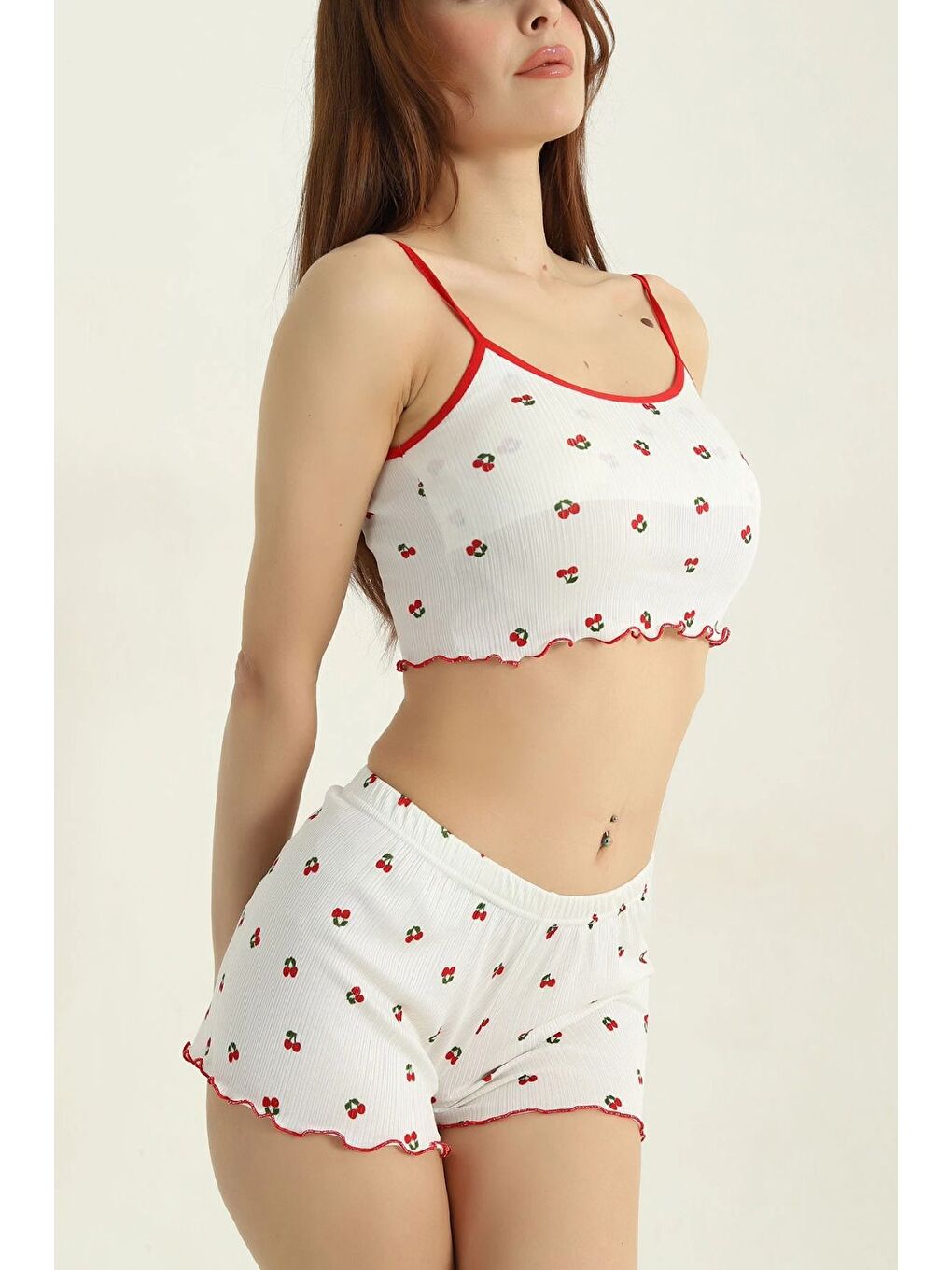 Kiraz Desenli Şortlu Takım Beyaz - 27437-1
