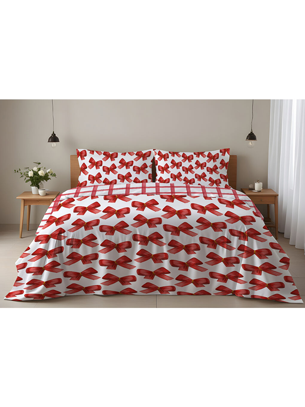 Karışık Fiyonk Desen Çift Kişilik Pamuklu Nevresim Takımı 200x220 cm Çift Taraf Baskılı