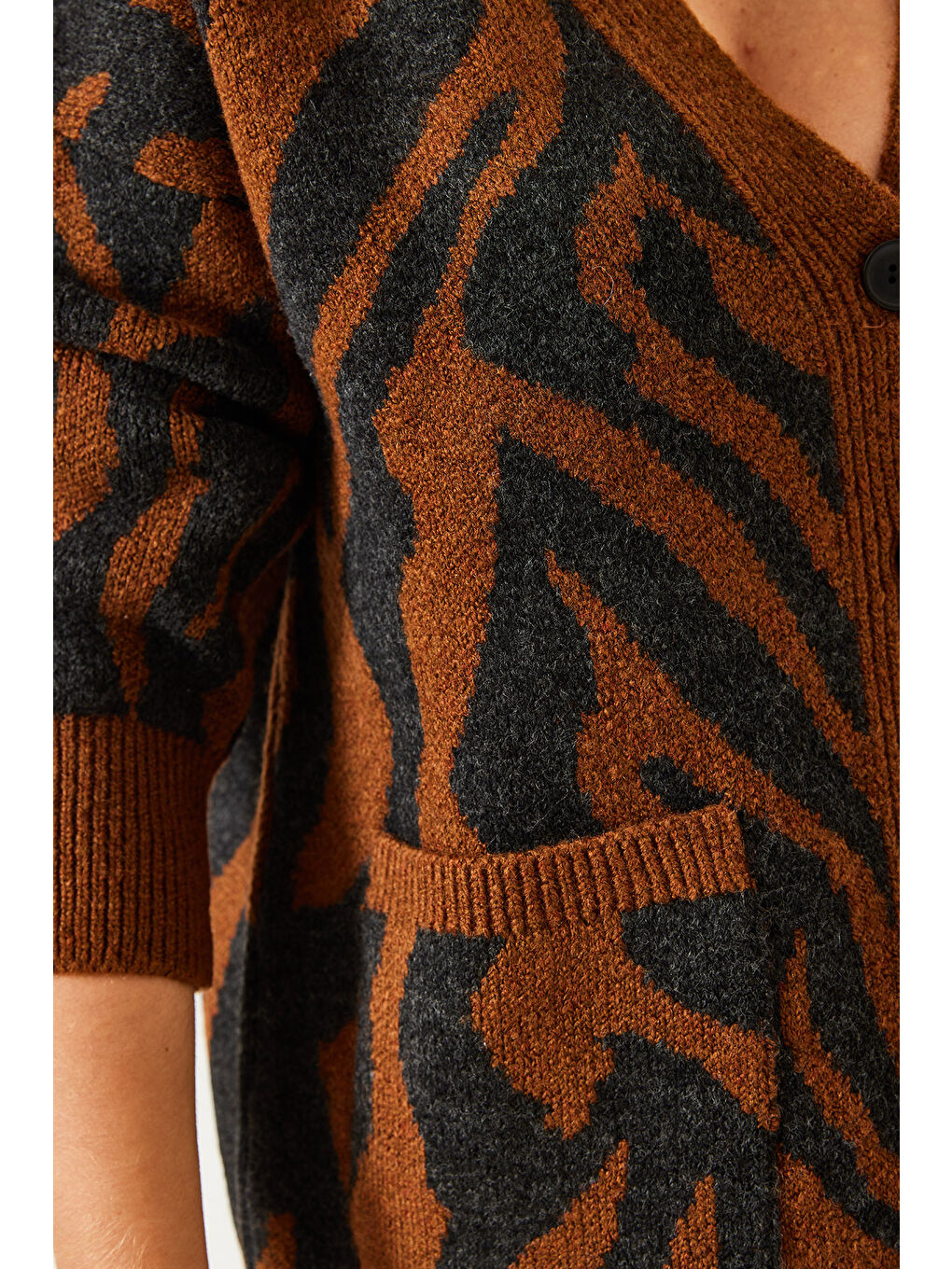 Kahverengi Kadın Zebra Desenli Triko Hırka-3